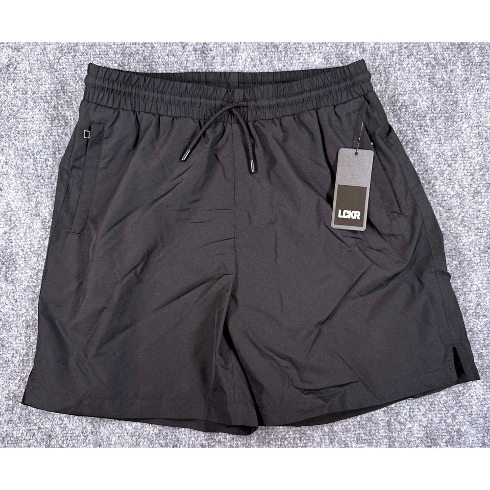 LCKR Jaxtyn Boys Medium Black Athletic Shorts Drawstring Zipper Pockets NWT